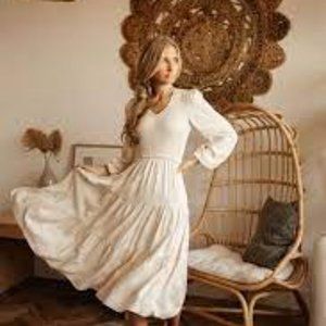 Bohme Smocked Tiered Midi Dress in Ivory